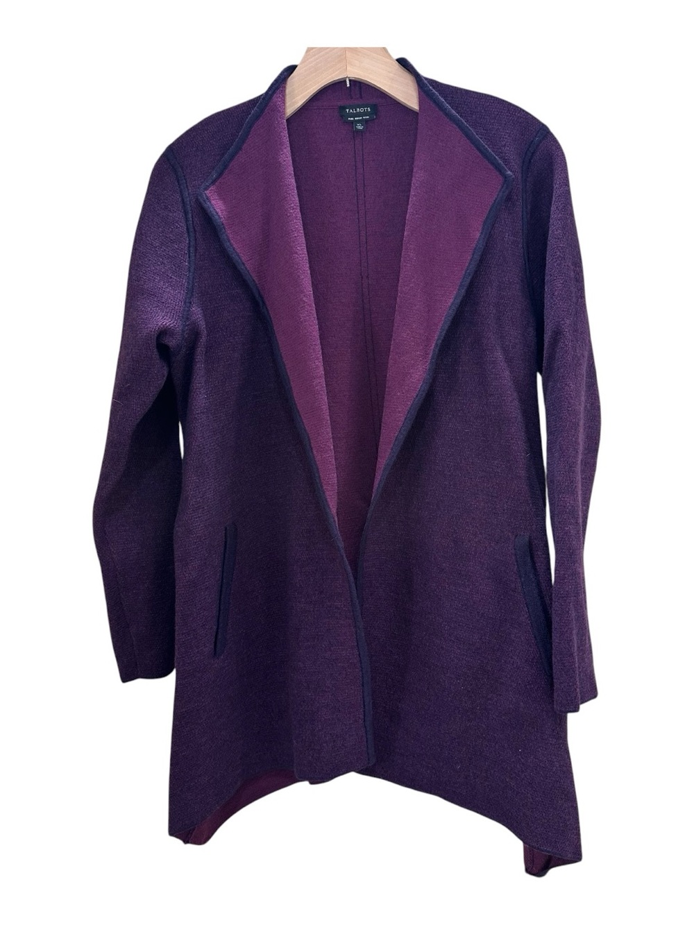 Talbots XL Merino Wool Open Front Knit Cardigan Sweater Plum Purple Long Duster